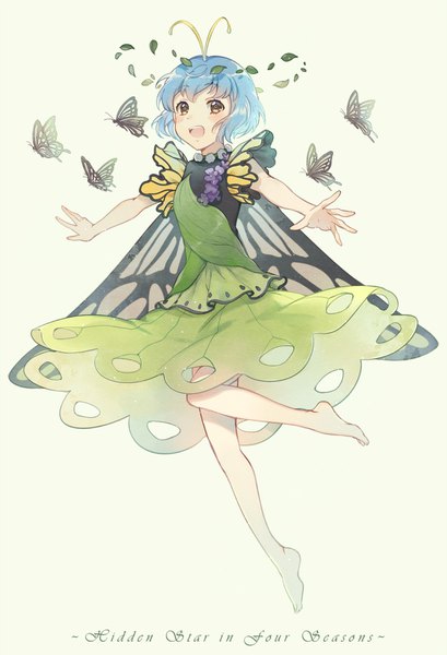 Anime picture 1122x1645 with touhou eternity larva ekita xuan single tall image looking at viewer short hair open mouth simple background smile yellow eyes blue hair full body bent knee (knees) :d barefoot bare legs sleeveless copyright name spread arms