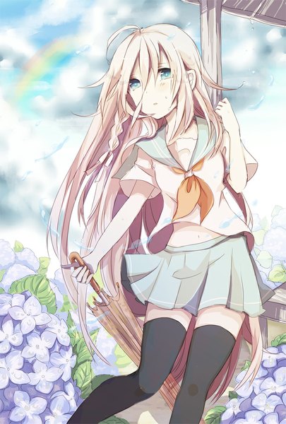 Anime picture 675x1000 with vocaloid ia (vocaloid) sotsunaku tall image fringe standing holding sky cloud (clouds) braid (braids) very long hair pleated skirt aqua eyes alternate costume closed umbrella thighhighs skirt navel uniform flower (flowers)