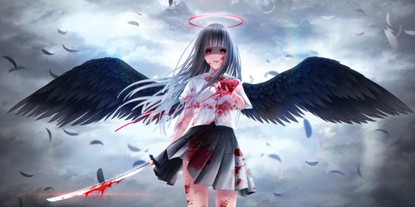 Anime picture 4955x2480 with original liht single long hair looking at viewer fringe highres open mouth smile red eyes wide image standing holding absurdres cloud (clouds) blunt bangs :d pleated skirt wind grey hair