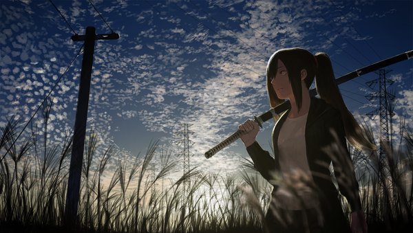 Anime picture 1378x779 with original mage (replica) single long hair black hair red eyes wide image standing holding looking away sky cloud (clouds) ponytail light smile sunlight open clothes open jacket girl weapon plant (plants)