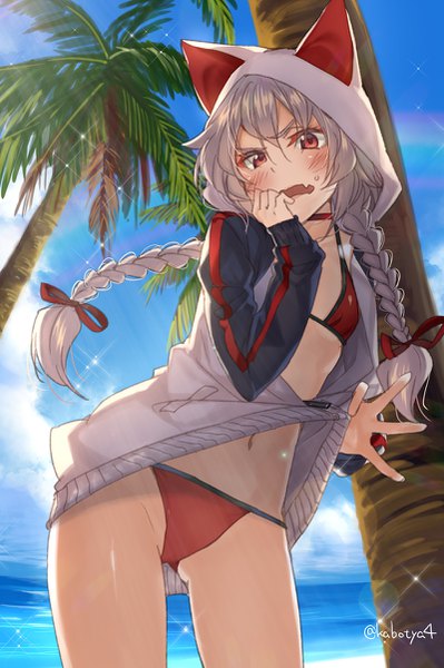 Anime picture 800x1203 with original kabocha (monkey4) single long hair tall image looking at viewer blush fringe open mouth light erotic hair between eyes red eyes signed sky cloud (clouds) outdoors braid (braids) grey hair fang (fangs) embarrassed