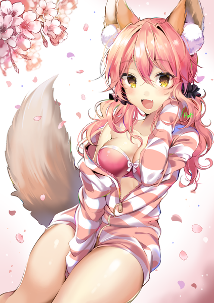 Anime picture 700x992 with fate (series) fate/extra tamamo (fate) (all) tamamo no mae (fate) pinb single long hair tall image blush fringe breasts open mouth light erotic hair between eyes twintails animal ears yellow eyes pink hair tail :d