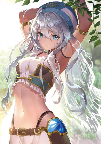 Anime picture 2908x4168 with original teffish single long hair tall image looking at viewer blush fringe highres breasts blue eyes hair between eyes standing silver hair outdoors light smile arms up armpit (armpits) midriff wavy hair