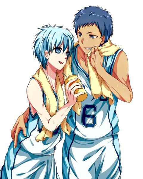 Anime picture 800x1000 with kuroko no basket production i.g kuroko tetsuya aomine daiki tagme (artist) tall image open mouth blue eyes simple background standing white background holding blue hair fingernails aqua hair multiple boys sweat dark skin happy eye contact