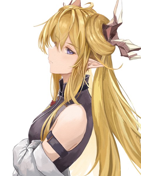 Anime picture 3125x3907 with arknights leizi (arknights) uzurako single tall image looking at viewer fringe highres simple background blonde hair hair between eyes white background purple eyes absurdres upper body horn (horns) pointy ears girl