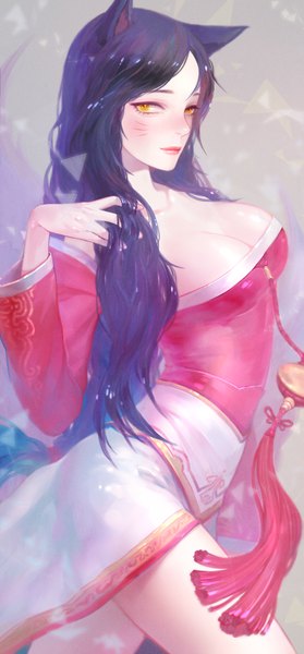 Anime picture 1375x2952 with league of legends ahri (league of legends) heather37 single long hair tall image looking at viewer blush highres breasts large breasts animal ears yellow eyes purple hair braid (braids) traditional clothes lips fox ears facial mark adjusting hair