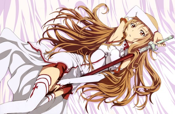 Anime picture 5000x3276 with sword art online a-1 pictures yuuki asuna kawakami tetsuya long hair highres brown hair brown eyes absurdres lying girl thighhighs weapon detached sleeves white thighhighs sword