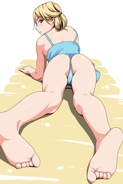 Anime picture 800x1200 with original matsunaga kouyou single tall image blush short hair light erotic blonde hair brown eyes looking back barefoot bare legs legs girl underwear panties