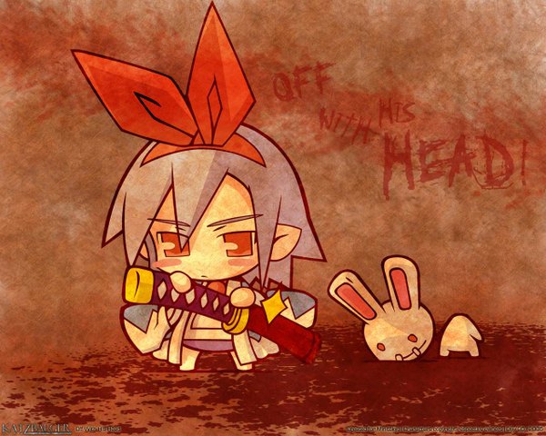 Anime picture 1280x1024 with disgaea pleinair usagi-san blush short hair red eyes blue hair inscription chibi girl bow weapon hair bow sword katana blood toy stuffed animal stuffed rabbit