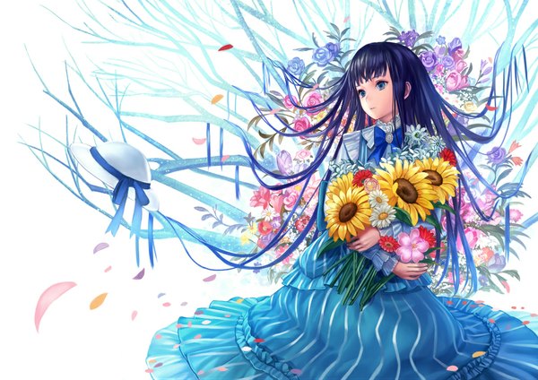 Anime picture 1024x724 with original siro long hair blue eyes black hair simple background white background holding looking away bare tree hat removed girl dress flower (flowers) plant (plants) hat petals tree (trees) bowtie branch