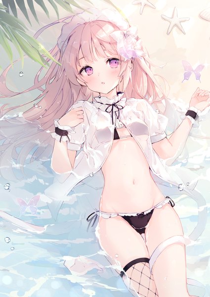 Anime picture 1000x1411 with original suzumori uina single long hair tall image blush fringe breasts open mouth light erotic purple eyes payot looking away pink hair lying on back thigh gap partially submerged groin sand