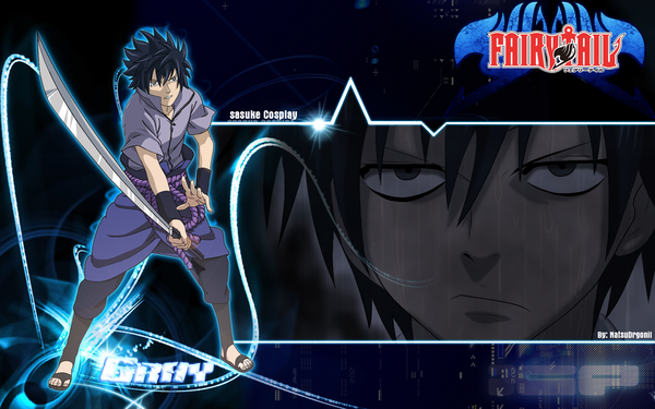 Anime picture 1280x800 with naruto fairy tail studio pierrot naruto (series) uchiha sasuke gray fullbuster natsudrgonil short hair black hair simple background wide image inscription grey eyes coloring close-up face cosplay zoom layer boy weapon