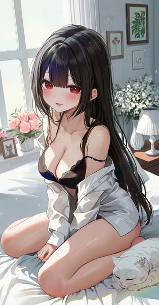 Anime picture 1440x2753 with original kudou (sikisiki0000) single long hair tall image looking at viewer blush fringe breasts open mouth light erotic black hair smile red eyes large breasts sitting cleavage indoors :d off shoulder