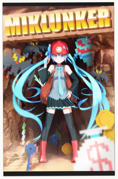 Anime picture 1397x2126 with vocaloid hatsune miku pmpmpm single long hair tall image looking at viewer blush blue eyes standing twintails bare shoulders holding very long hair pleated skirt aqua eyes aqua hair inscription hand on hip text