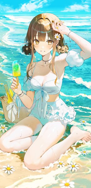 Anime picture 1500x3073 with original kinty single tall image looking at viewer blush fringe short hair breasts brown hair sitting holding brown eyes payot sky cleavage cloud (clouds) full body outdoors blunt bangs