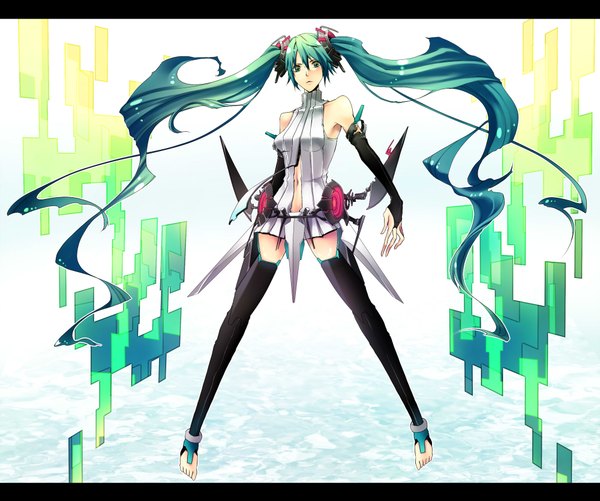 Anime picture 2000x1671 with vocaloid hatsune miku ito mijinko single long hair highres twintails bare shoulders very long hair aqua eyes aqua hair no shoes mechanical girl thighhighs navel detached sleeves