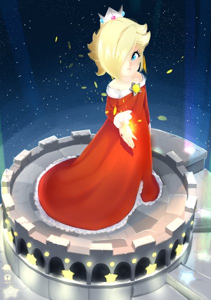 Anime picture 2039x2894 with super mario bros. rosetta (mario) odzigner single tall image looking at viewer fringe highres short hair blue eyes blonde hair standing bare shoulders full body hair over one eye night sparkle night sky girl dress