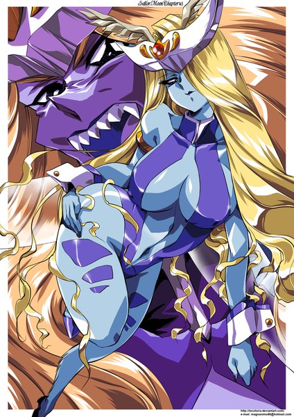 Anime picture 2480x3507 with bishoujo senshi sailor moon toei animation sailor moon monster book dd girls hinomars19 tall image fringe highres open mouth light erotic blonde hair purple eyes very long hair hair over one eye open clothes teeth hand on hip border arched back dual persona