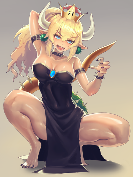 Anime picture 966x1284 with super mario bros. new super mario bros. u deluxe bowsette kazto furuya single long hair tall image looking at viewer blush fringe breasts open mouth blue eyes light erotic simple background blonde hair smile hair between eyes large breasts bare shoulders