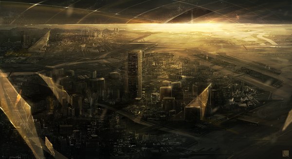 Anime picture 1300x709 with original carv wide image city evening sunset cityscape no people science fiction building (buildings) skyscraper