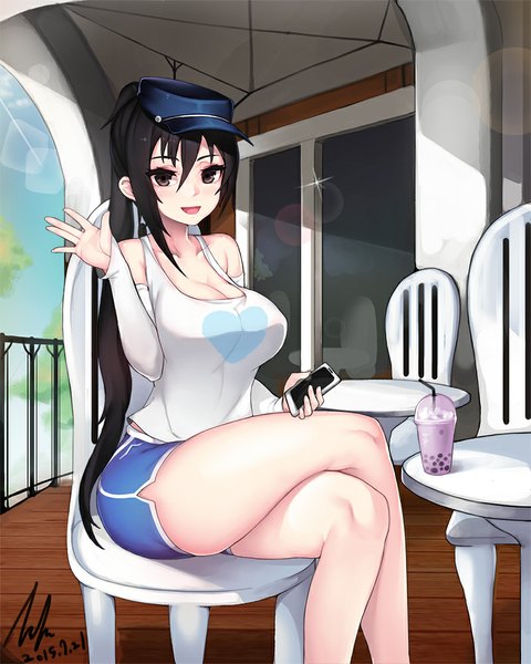 Anime picture 800x1000 with original grimgrim single long hair tall image looking at viewer blush breasts open mouth light erotic black hair smile large breasts bare shoulders holding brown eyes signed sky cleavage bent knee (knees)