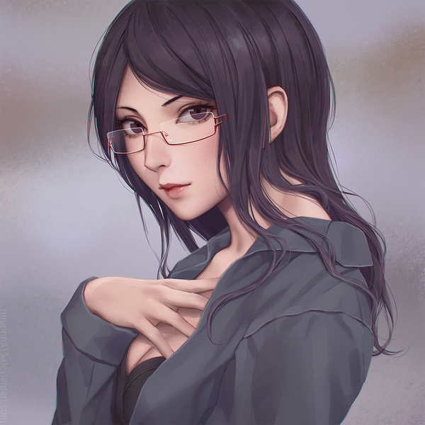 Anime picture 1200x1200 with tokyo ghoul studio pierrot kamishiro rize miura-n315 single long hair looking at viewer blush fringe breasts black hair purple eyes cleavage upper body lips realistic girl shirt glasses black shirt