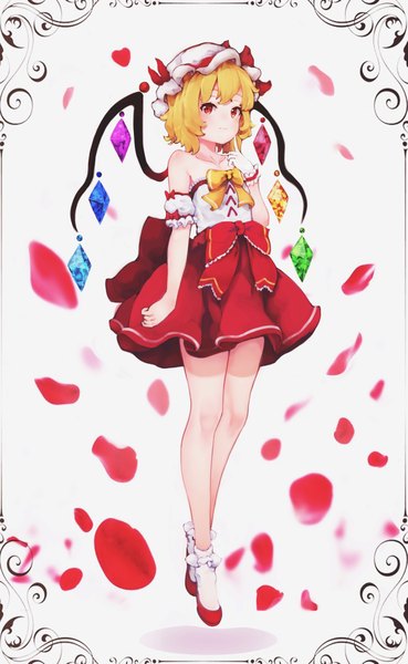 Anime picture 2753x4475 with touhou flandre scarlet yeong single tall image looking at viewer blush fringe highres short hair simple background blonde hair red eyes standing white background full body alternate costume girl skirt bow