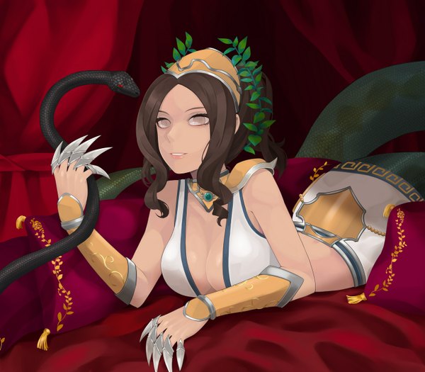 Anime picture 1416x1239 with league of legends cassiopeia (league of legends) single short hair breasts light erotic black hair large breasts grey eyes snake tail girl pillow tiara claws snake