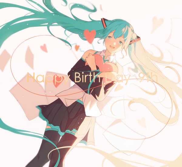 Anime picture 1200x1106 with vocaloid hatsune miku konomi (kumagai20) single fringe open mouth twintails bare shoulders very long hair aqua eyes aqua hair dutch angle happy birthday girl thighhighs black thighhighs detached sleeves heart paper