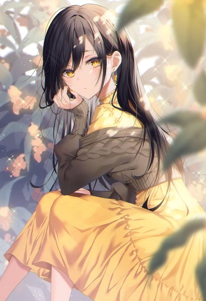 Anime picture 2381x3483 with original myusha single long hair tall image looking at viewer blush fringe highres black hair sitting signed yellow eyes payot bent knee (knees) outdoors long sleeves nail polish blurry scan