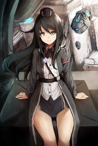 Anime picture 800x1190 with original snm (sunimi) single long hair tall image looking at viewer fringe black hair smile hair between eyes sitting from above wind grey eyes girl skirt uniform shirt belt white shirt