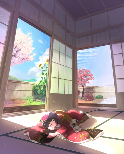 Anime picture 1000x1243 with original ayaseto tsuki single tall image looking at viewer short hair open mouth black hair smile green eyes japanese clothes hair flower cherry blossoms on stomach girl hair ornament flower (flowers) plant (plants) petals tree (trees)