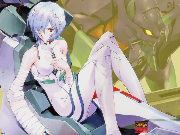 Anime picture 1152x864 with neon genesis evangelion gainax ayanami rei eva 01 sadamoto yoshiyuki single short hair red eyes bare shoulders looking away silver hair bandage over one eye girl bodysuit bandage (bandages) pilot suit