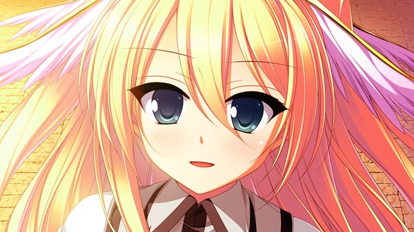 Anime picture 1280x720 with tiny dungeon (game) rosebleu long hair blush blue eyes blonde hair wide image game cg head wings girl
