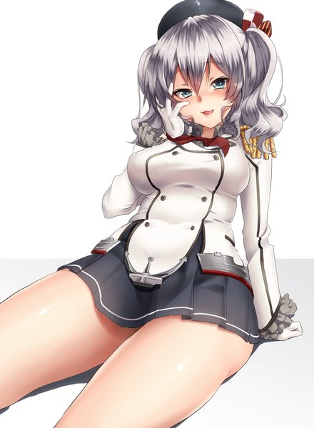 Anime picture 700x954 with kantai collection kashima training cruiser keita (tundereyuina) single long hair tall image looking at viewer blush open mouth blue eyes simple background white background silver hair girl skirt gloves uniform miniskirt white gloves beret