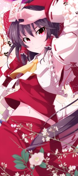 Anime picture 787x1770 with touhou hakurei reimu nikka (cryptomeria) single long hair tall image looking at viewer black hair red eyes girl skirt flower (flowers) bow hair bow detached sleeves skirt set gohei ofuda