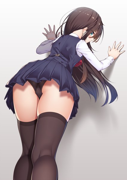 Anime picture 1000x1412 with original ray littlechamber ray-akila single long hair tall image blush fringe blue eyes light erotic hair between eyes brown hair standing looking away long sleeves profile pleated skirt from behind upskirt against wall