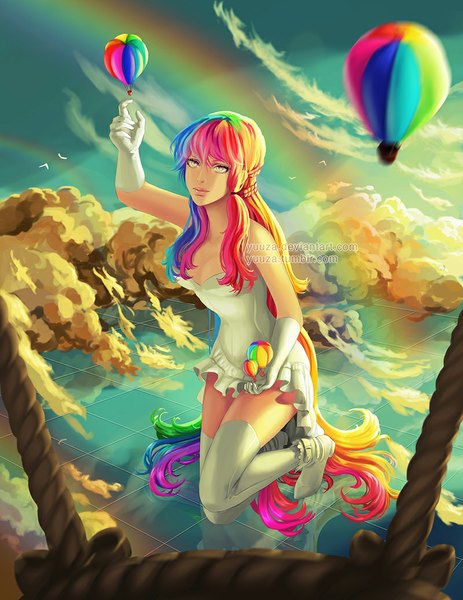 Anime picture 800x1035 with original yuuza single tall image looking at viewer fringe blonde hair smile standing twintails bare shoulders yellow eyes blue hair pink hair sky purple hair cloud (clouds) bent knee (knees) red hair very long hair