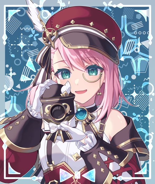 Anime picture 2100x2500 with genshin impact charlotte (genshin impact) kurobikari single tall image looking at viewer highres short hair open mouth pink hair upper body :d aqua eyes girl gloves white gloves peaked cap camera monocle