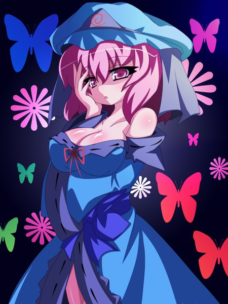 Anime picture 1200x1600 with touhou saigyouji yuyuko oborotsuki kakeru single tall image fringe short hair breasts light erotic hair between eyes pink hair cleavage pink eyes body blush hand on face girl hat insect butterfly