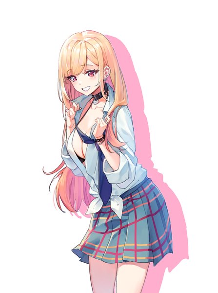 Anime picture 2250x3021 with sono bisque doll wa koi wo suru cloverworks kitagawa marin angcha single long hair tall image highres breasts light erotic simple background blonde hair smile white background looking away pink eyes shadow grin piercing ear piercing