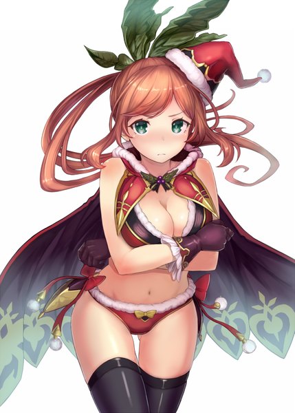 Anime picture 1295x1812 with granblue fantasy clarisse (granblue fantasy) mizuya nao single long hair tall image looking at viewer blush breasts blue eyes light erotic brown hair fur trim christmas girl thighhighs navel underwear panties black thighhighs