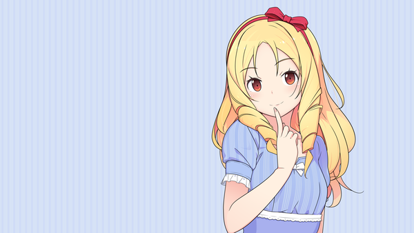 Anime picture 3840x2160 with eromanga sensei a-1 pictures yamada elf dekodere azumi akitake single long hair looking at viewer highres simple background blonde hair smile red eyes wide image absurdres short sleeves wallpaper puffy sleeves drill hair finger to mouth