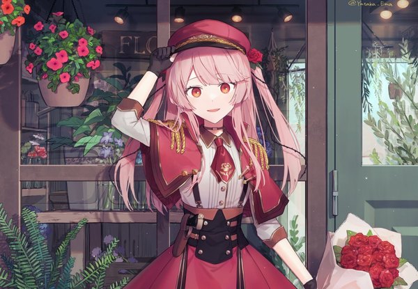 Anime picture 1000x691 with virtual youtuber nijisanji nijisanji en rosemi lovelock rosemi lovelock (2nd costume) ema yutaka single long hair looking at viewer fringe open mouth red eyes standing signed payot pink hair outdoors blunt bangs :d arm up
