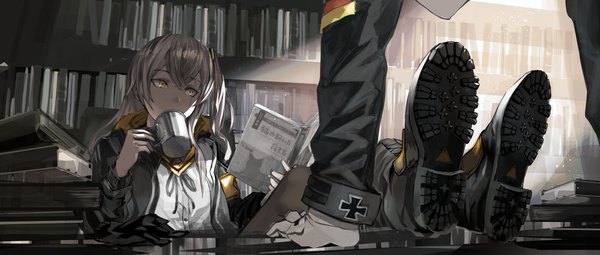 Anime picture 6995x2976 with girls frontline hk416 (girls frontline) ump45 (girls frontline) fujita (condor) long hair fringe highres hair between eyes wide image sitting multiple girls holding yellow eyes payot absurdres indoors grey hair open jacket one side up crossed legs