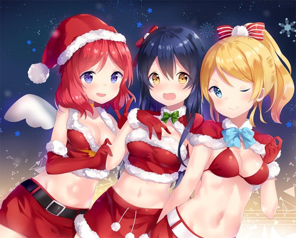 Anime picture 1038x834 with love live! school idol project sunrise (studio) love live! nishikino maki ayase eli sonoda umi hitsukuya long hair looking at viewer short hair open mouth blue eyes light erotic blonde hair smile multiple girls yellow eyes blue hair ponytail red hair
