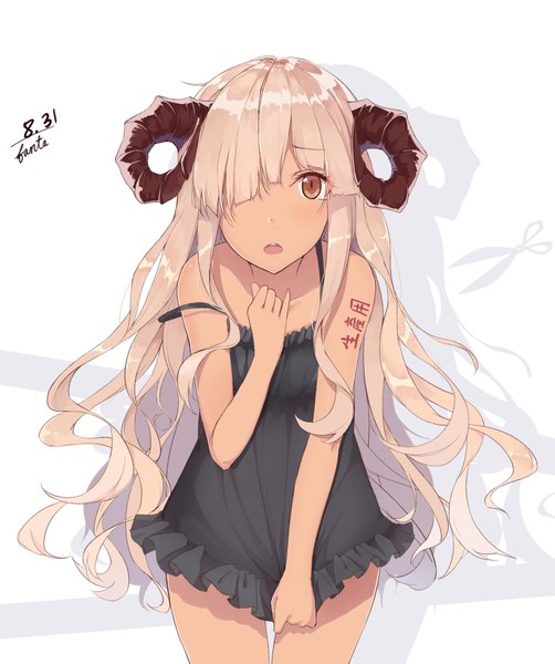 Anime picture 1880x2245 with original fan-ta single long hair tall image looking at viewer fringe highres open mouth blonde hair simple background white background bare shoulders brown eyes signed horn (horns) hair over one eye shadow tattoo sleeveless