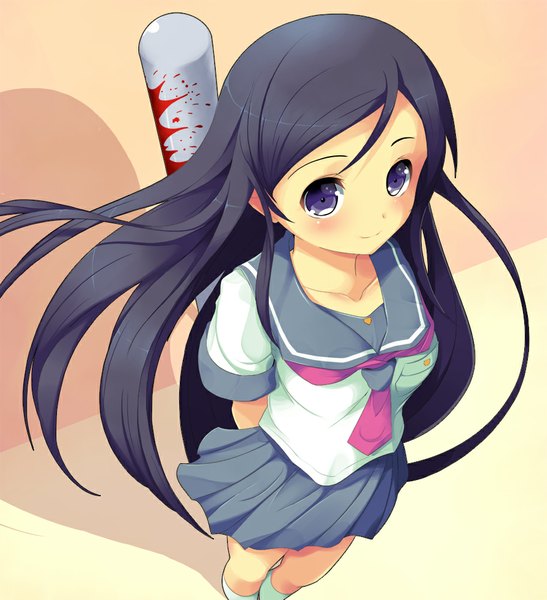 Anime picture 913x1000 with ore no imouto ga konna ni kawaii wake ga nai aragaki ayase koflif single long hair tall image looking at viewer blush black hair smile purple eyes girl skirt serafuku blood baseball bat