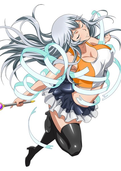Anime picture 600x847 with ikkitousen chouun shiryuu single long hair tall image light erotic simple background white background silver hair eyes closed girl thighhighs skirt ribbon (ribbons) black thighhighs miniskirt