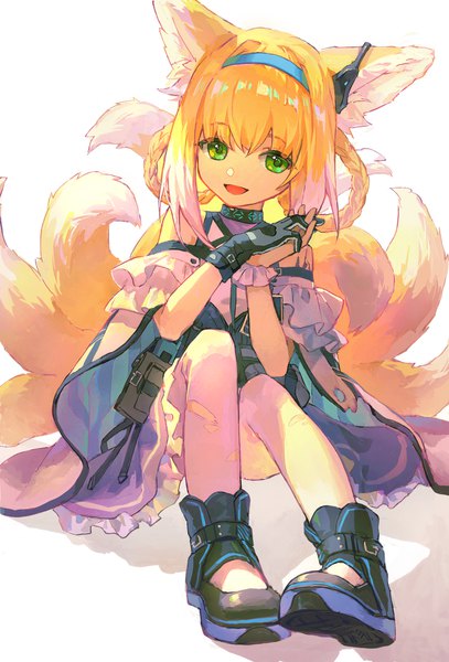 Anime picture 2374x3496 with arknights suzuran (arknights) dogdogbhh single tall image looking at viewer highres short hair open mouth simple background blonde hair white background sitting green eyes animal ears full body tail braid (braids) head tilt :d